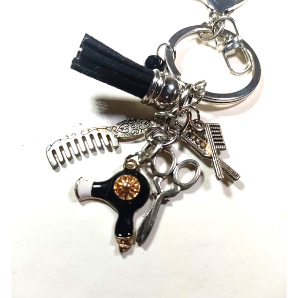 Cosmetology Keychain Silver Tone Brush Hair Dryer Scissors Keychain Purse Clip - Picture 4 of 6